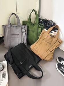 复古时尚男士托特包，大容量日式单肩包，适合工作、上学、度假、通勤，可斜挎或双肩背，返校必备帆布托特包 - 彩色 - 查看 7