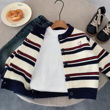 Boys' Striped Cardigan Sweater, 2025 Autumn New Casual Retro Contrast Color Cute Korean Style Loose Jacket - Navy Blue - View 5