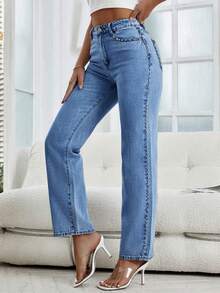 Women's Front Button Pocket With Rivet Decoration Straight Leg Denim Pants, Suitable For Daily Casual Wear - Rửa tối - Xem 2