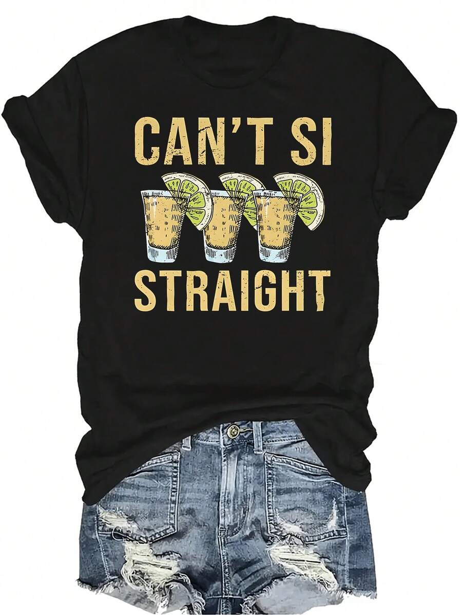 Camiseta de tequila "Can't Si Straight Tequila" unisex, de verano, casual, transpirable, con personalidad, de cuello redondo, de manga corta, de uso versátil, adecuada para adolescentes y adultos - Negro - Ver 1