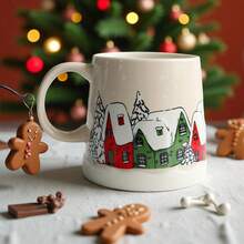 1pc 350ml/11.84oz Ceramic Christmas Tree House Themed Mug, Creative Minimalist Snowflake Tree House Coffee Cup, Suitable For Christmas Holidays, Office Gatherings, Cute Christmas Gift