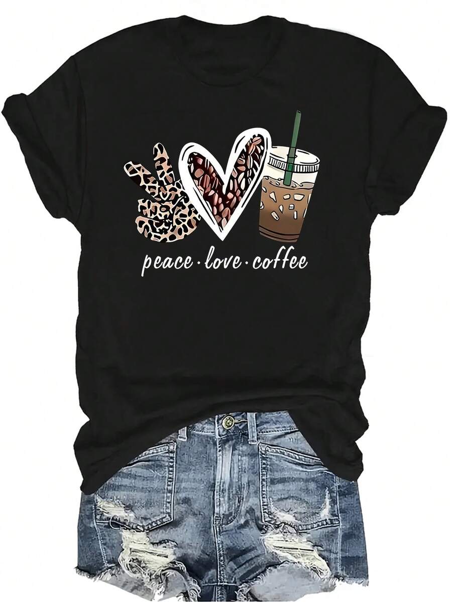Camiseta unisex de estampado gráfico y de letras, de verano, casual, transpirable, de personalidad, de cuello redondo, de manga corta, de ropa urbana, versátil, adecuada para adolescentes y adultos - Negro - Ver 1