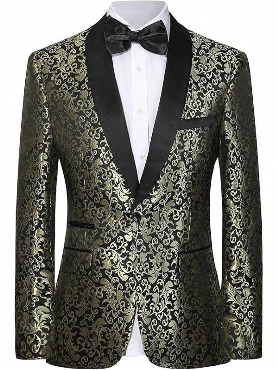 Men's Floral Dinner Party Prom Wedding Stylish Suits For Men One Button Dinner Jacket Pants Sethalloween - 金色 - 查看 1