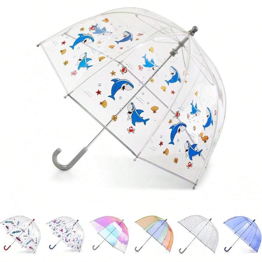 Totes - Paraguas de burbujas transparentes para niños con toldo cúpula, diseño ligero, paraguas de protección contra el viento y la lluvia, Azul, Kids - 38" Canopy, Paraguas de burbujas transparentes - Tiburón - Ver 1