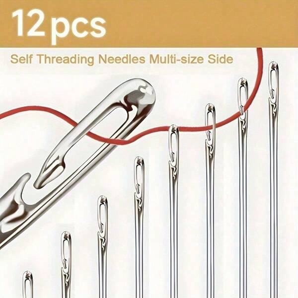 12pcs Self-Threading Hand Sewing Needles Set For Darning, Hand Stitching, And Sewing Accessories