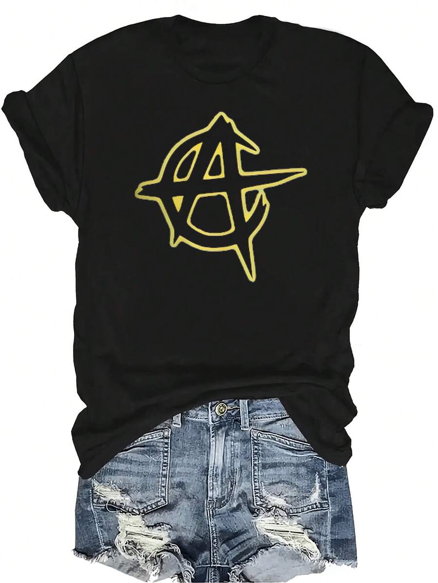 Camiseta con símbolos anarquistas A-Narchy Ancap, unisex, de verano, casual, transpirable, con personalidad, cuello redondo, manga corta, ropa de calle, versátil, adecuada para adolescentes y adultos - Negro - Ver 1