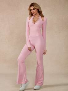 NcmRyu 1件舒适休闲圆领阔腿直筒塑形提拉长袖连体裤粉色春季 - 粉色 - 查看 10