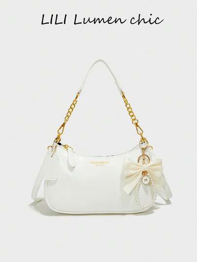 Fashionable New One Shoulder Bag, Decorated With Pattern And Bow Pearl Pendant, Solid Color Waterproof PU Material, Can Be Used As Crescent Bag, Underarm Bag, Summer Crescent Bag, Beach Vacation Bag, Back To School Bag, Ladies Wallet, Suitable For Shopping, Outings And Daily Use In Various Occasions