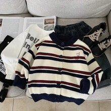 Boys' Striped Cardigan Sweater, 2025 Autumn New Casual Retro Contrast Color Cute Korean Style Loose Jacket - Navy Blue - View 7