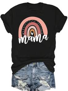 Camiseta unisex de verano casual y transpirable con estampado de la letra "MAMA", de cuello redondo y manga corta, de estilo versátil y adecuada para adolescentes y adultos - Negro - Ver 1