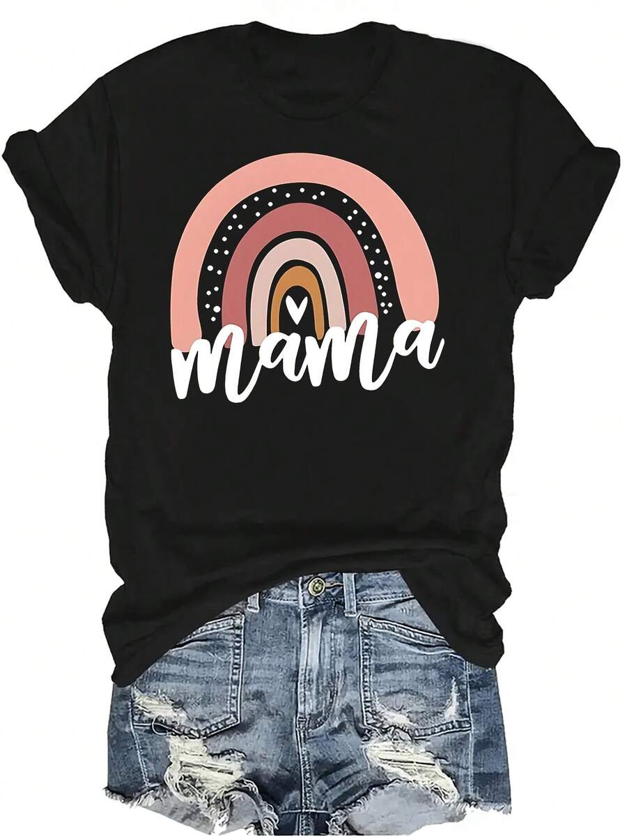 Camiseta unisex de verano casual y transpirable con estampado de la letra "MAMA", de cuello redondo y manga corta, de estilo versátil y adecuada para adolescentes y adultos - Negro - Ver 1