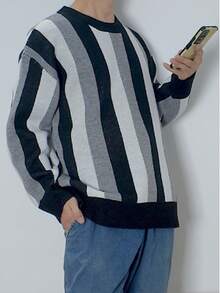 Maglione a girocollo a maniche lunghe in maglia a righe, morbido e confortevole, casual, per uomo taglia oversize, adatto per autunno/inverno