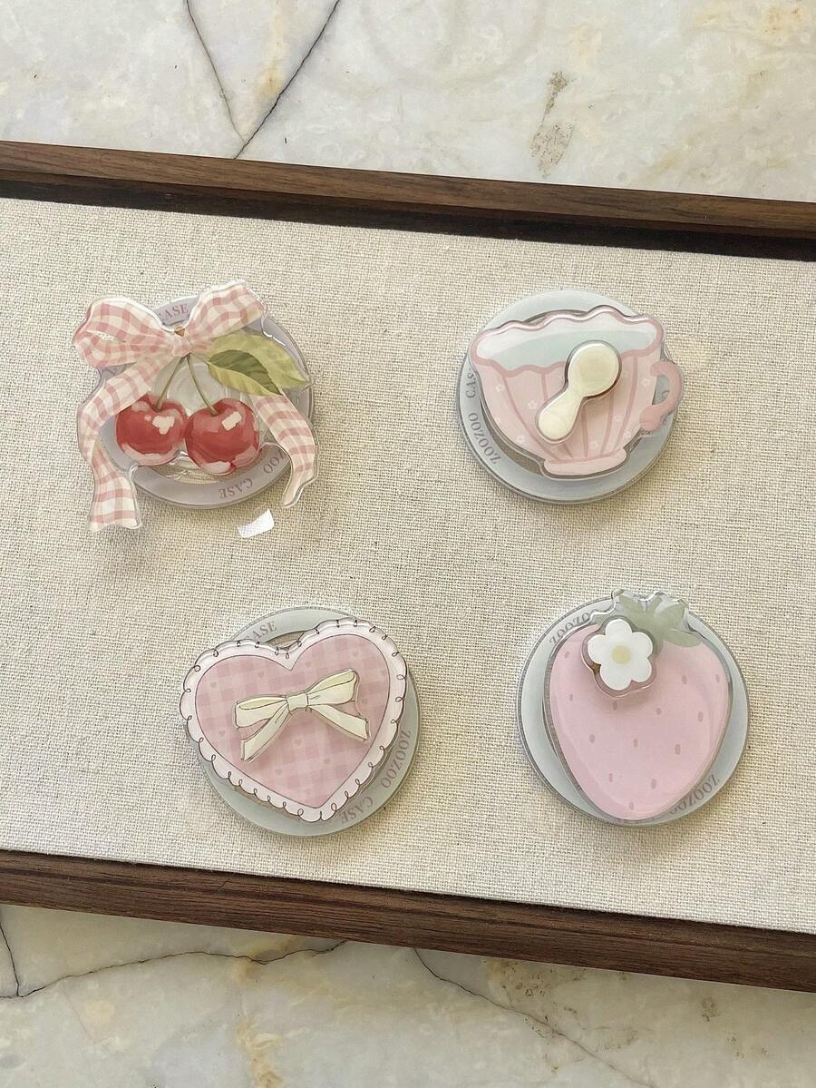1pc Pink Heart & Cherry 360° Rotating Strawberry Tea Cup Magnetic Phone Holder, Cute Gift For Couples, Friends, Classmates Compatible With IPhone, Android Phone, Gift For Birthday, Family, Friends Push-Pull Phone Grip Phone Accessories