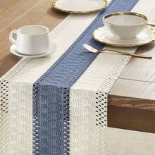 1pc Bohemian Style Tassel Table Runner, Suitable For Home Decor, Farmhouse, Country Style Dining Table, Living Room Tablecloth - Blue - View 5