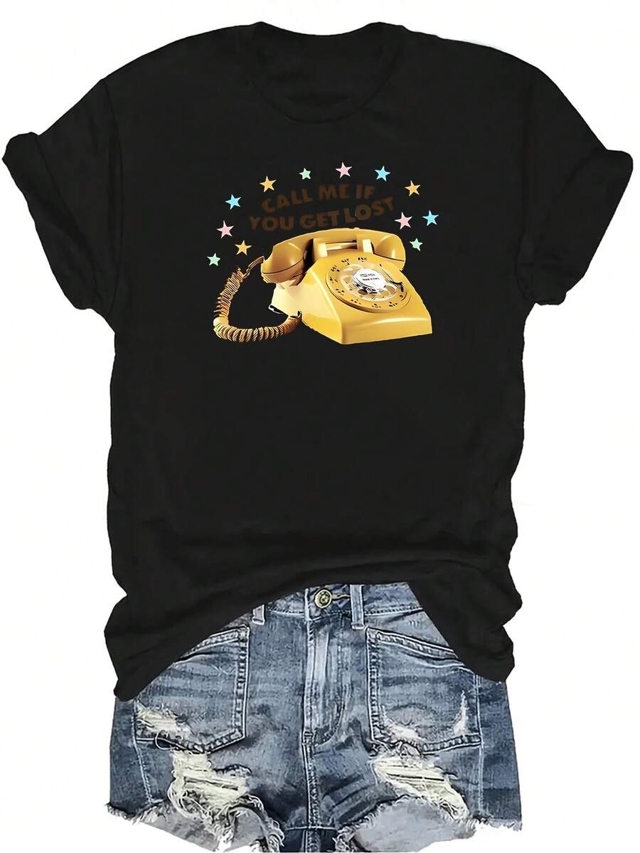 Camiseta "Llámame si te pierdes" Unisex, de verano, casual, transpirable, con personalidad, cuello redondo, manga corta, ropa de calle, versátil, adecuada para adolescentes y adultos - Negro - Ver 1