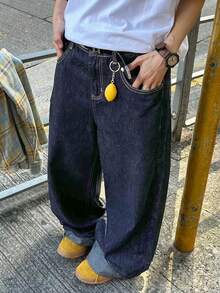 1pc Plus Size Men's Casual Wide Leg Jeans, Loose And Versatile Denim Pants (Belt And Accessories Not Included) - Blue - View 2