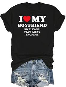 Amo a mi novio, así que mantente alejado de mí Camiseta unisex de verano casual, transpirable, con personalidad, cuello redondo, manga corta, ropa de calle, versátil, adecuada para adolescentes y adultos - Negro - Ver 1