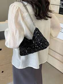 1 件绗缝拉链封口 PVC 亮片托特包，大容量闪亮腋下包，时尚链条单肩斜挎包，适合女性外出、度假、聚会、宴会 - 黑色 - 查看 9