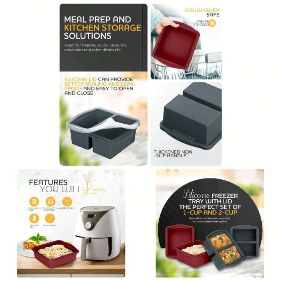 Silicone Freezer Trays With Lids, Set Of 4 - With 1cup And 2 Cup Silicone Freezer Molds Freezing Soups, Sauces And Individual Microwave - Gói 4 màu xám và đỏ - Xem 1