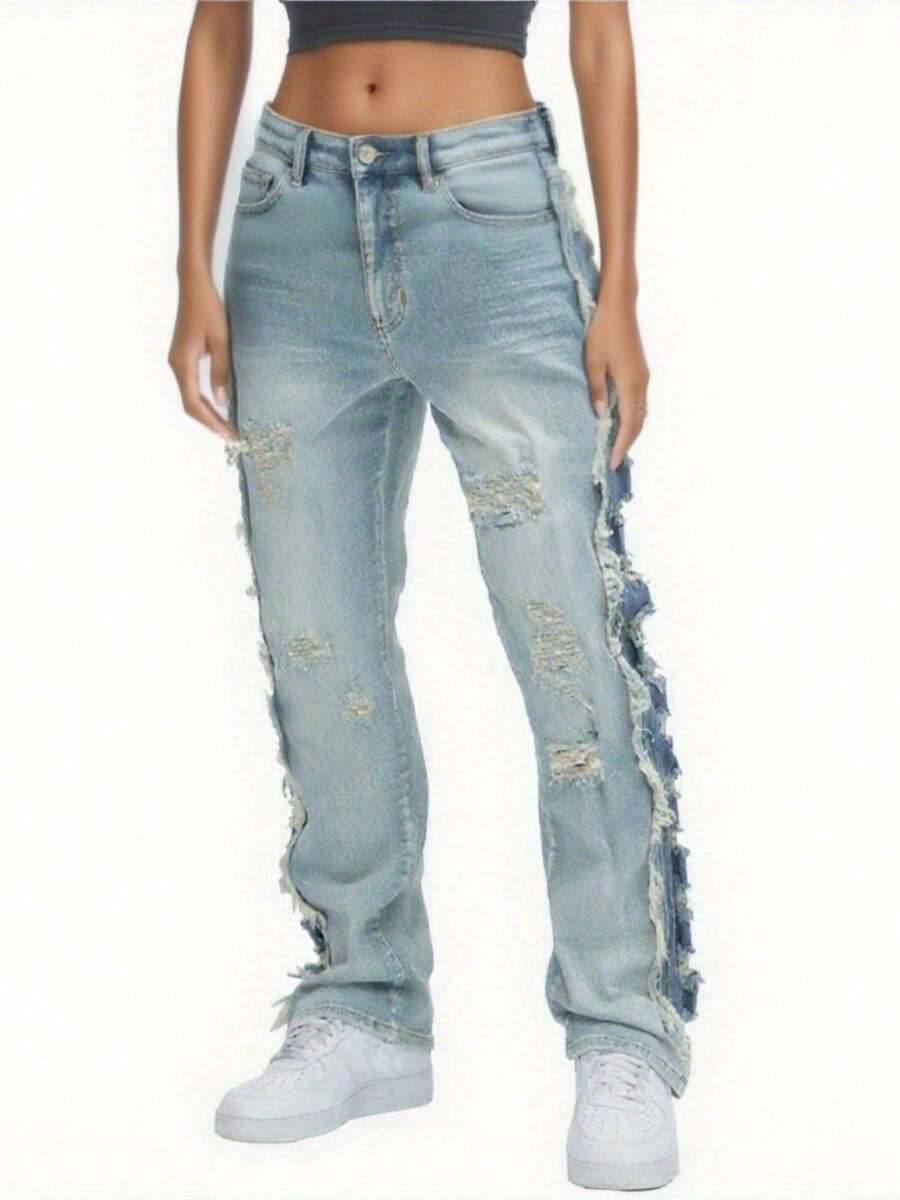 Men's Denim Ripped Trousers Side Stripe Furry Edge Low Waist Loose Casual Long Trousers Belt Pocket