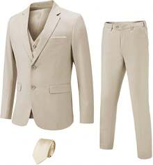 Men's Slim Fit 3 Pieces Suit, 2 Buttons Solid Color Blazer Vest Pants With Tie Set, Business Wedding Tuxedohalloween - Màu trắng ngà - Xem 4