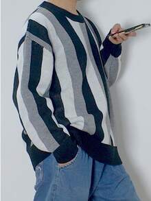 Maglione a girocollo a maniche lunghe in maglia a righe, morbido e confortevole, casual, per uomo taglia oversize, adatto per autunno/inverno