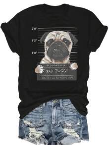 Camiseta unisex de verano casual y transpirable con cuello redondo y manga corta, con diseño de "Bad Puggy Charge You Don't Wanna Know" para amantes de los perros pug, adecuada para adolescentes y adultos - Negro - Ver 1