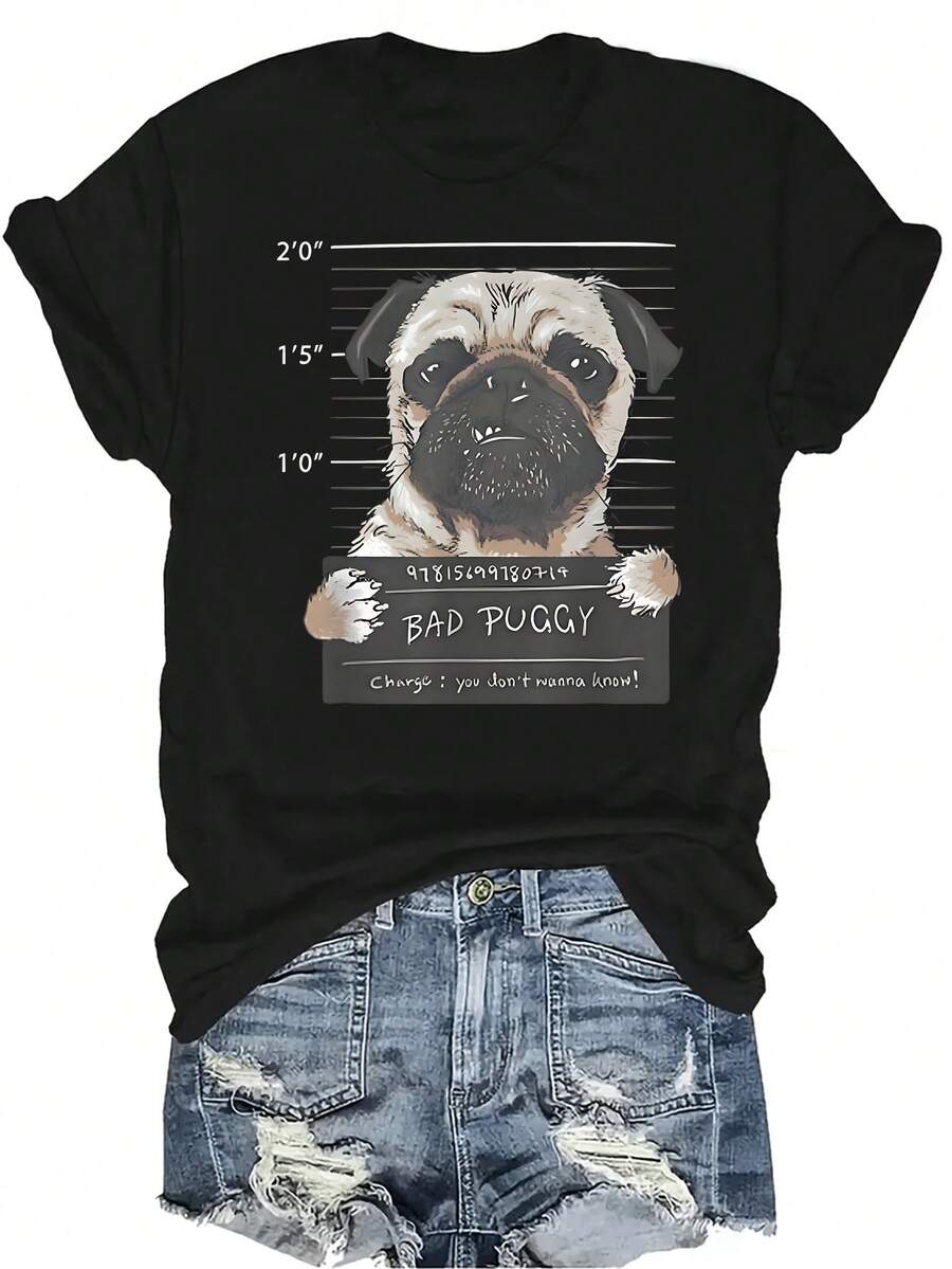 Camiseta unisex de verano casual y transpirable con cuello redondo y manga corta, con diseño de "Bad Puggy Charge You Don't Wanna Know" para amantes de los perros pug, adecuada para adolescentes y adultos - Negro - Ver 1