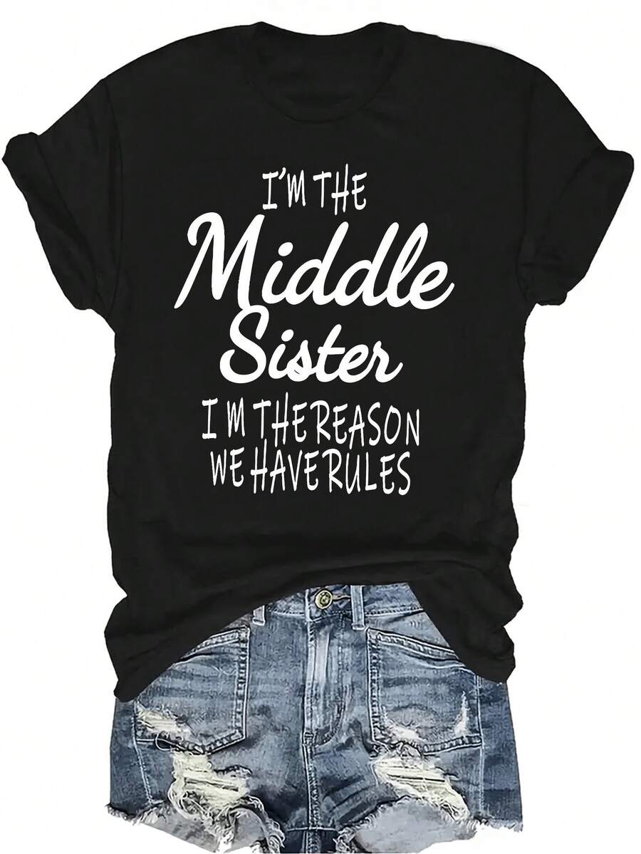 Camiseta con letra "Hermana" Unisex de verano, casual, transpirable, de personalidad, cuello redondo, manga corta, ropa de calle, versátil, adecuada para adolescentes y adultos - Negro - Ver 1