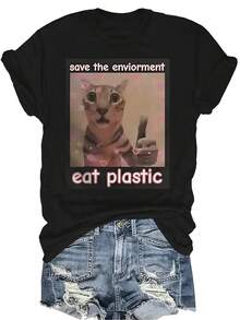 Camiseta "Salva el medio ambiente, come plástico" Unisex de verano, casual, transpirable, con personalidad, cuello redondo, manga corta, ropa de calle, versátil, adecuada para adolescentes y adultos - Negro - Ver 1