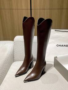 Giày bốt cao gót dày đế giữa thời trang thu đông 2025 chất lượng cao bán chạy, giày bốt cao đến đầu gối thời trang đa năng, giày cao gót tối giản thanh lịch dành cho nữ - màu nâu - Xem 3