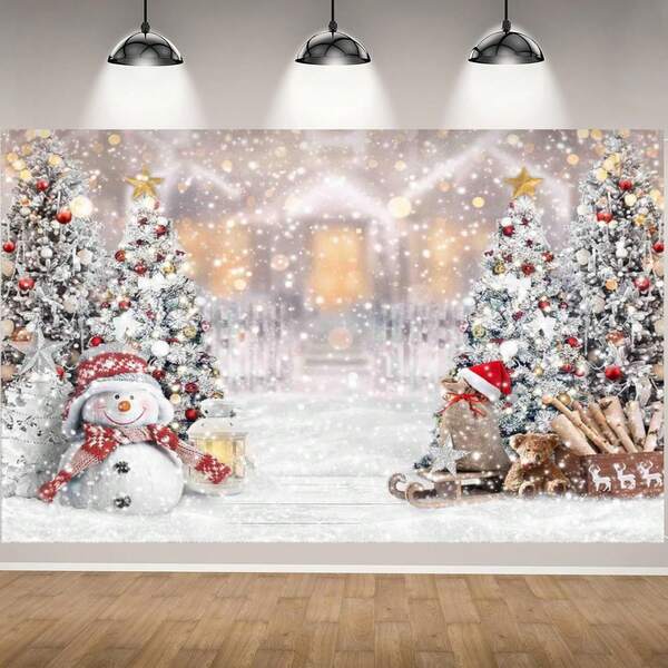 خلفية منظر طبيعي مثلج، مشهد تساقط الثلوج الحالم، مزين بشجرة عيد الميلاد والرجل الثلجي، ديكور الحفلات، ديكور المنزل، لافتة عيد الميلاد، أحجام متعددة