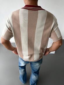 Suéter de cuello polo de color block casual y térmico de manga corta, esencial para otoño/invierno, opción de regalo perfecto para suéter de hombre en invierno, suéter de manga corta juvenil y urbano