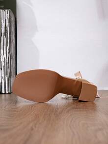 9厘米厚底仿珍珠蝴蝶结杏色漆皮防水厚底高跟凉鞋，适合婚礼、宴会、派对、夜总会 - 杏色 - 查看 7