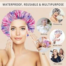 Gorros de Ducha para Mujeres, 4 PCS Gorros de Baño Elásticos y Reutilizables, Gorro de Ducha de Doble Capa Impermeable, Gorros de Baño, Gorro de Baño para el Cabello de Protección Ambiental - Color Sólido - Juego de 4 piezas de flores C - Ver 4