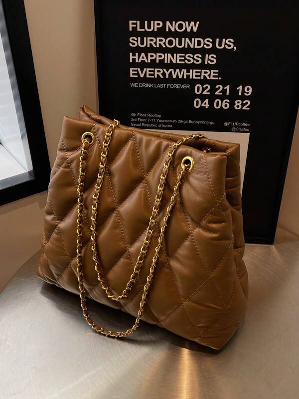 Bolso de mano de gran capacidad, acolchado, con bordado acolchado, suave, con correa de cadena de invierno para el hombro y bandolera para mujer