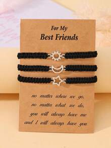 Goodwaro 3pcs Creative Metal Sun, Moon, Star Friendship Bracelets With Handmade Braided Ropes. Suitable For Women For Daily Wear, And Packaged With A Card, Good For Gifting - Black - View 21