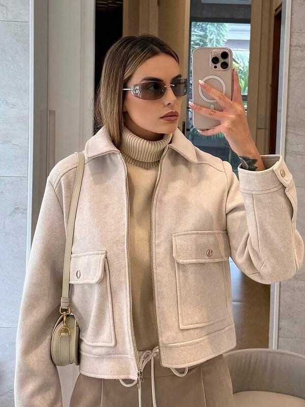 Chaqueta de tweed rosa arroz con cremallera frontal y bolsillos, estilo callejero para otoño e invierno