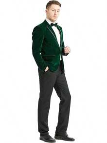 2026 Men's Casual Blazer & Pant Set  Men's 2 Piece Velvet Suit Peak Lapel One Button Slim Fit Tuxedo Blazer Party Dinner Jacket & Pants Relaxed Stretch Fit For Smart Casual Events - 綠色拼接翻領 - 查看 7