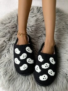 万圣节鬼魂图案保暖拖鞋，冬季蓬松厚实室内拖鞋 - 黑色+白色 - 查看 5