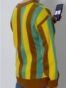 Plus Size Men's Casual Soft & Comfortable Striped Crew Neck Long Sleeve Knit Sweater, Autumn/Winter