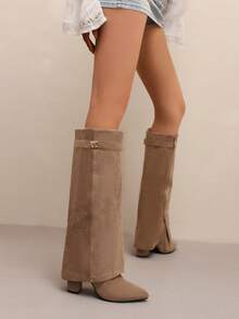 女士尖头高跟高筒靴，2025 年秋冬新品系列，米色和黑色弹力修身过膝粗跟拉链高筒靴，女士时尚靴子 - 杏色 - 查看 5