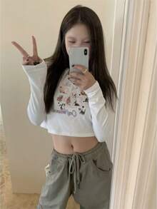 女式休闲卡通猫咪印花修身短款长袖T恤，百搭，棉质，春秋季 - 白色 - 查看 8