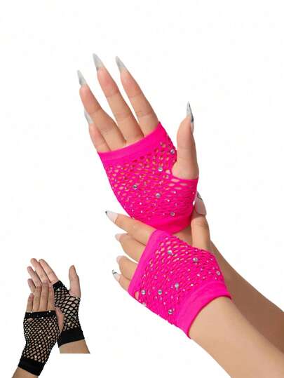 1 Pair Girls Hollow-Out Rhinestone Decorated Fishnet Gloves (For Party & Holiday Events)