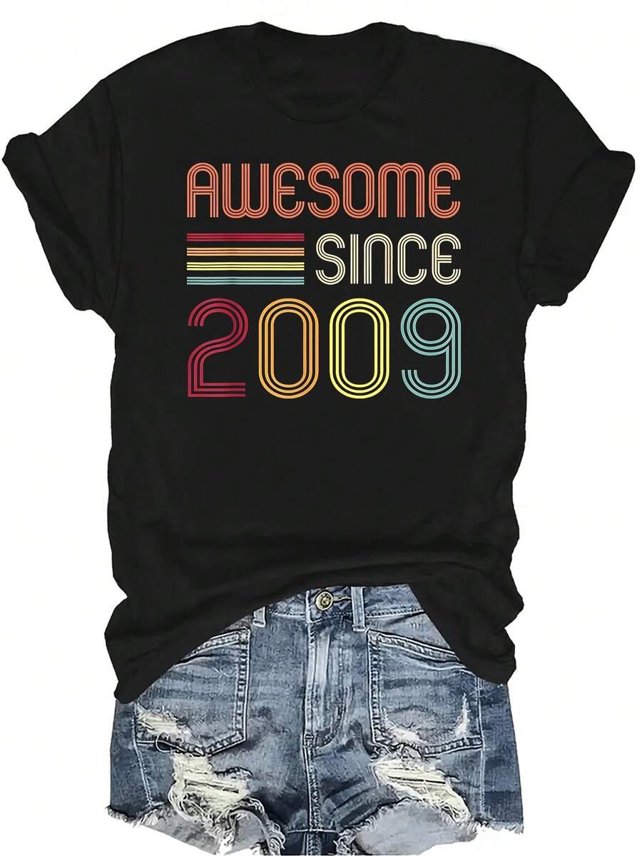 Genial desde 2009 Camiseta de cumpleaños número 14 Unisex Verano Casual Transpirable Personalidad Cuello redondo Manga corta Camiseta Ropa de calle Versátil, Adecuado para adolescentes y adultos - Negro - Ver 1