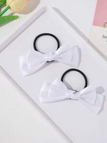 2pcs Fashionable Versatile Delicate Princess Style Hair Accessories/Hair Ties, Double-Layer Glossy Bow Design Hair Ties, Essential For Daily Hairstyles And Braiding - White - View 4