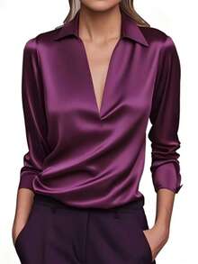 1 pieza Blusa de satén de unicolor con cuello en V y manga larga, para oficina, casual, viaje, vacaciones, todo el año