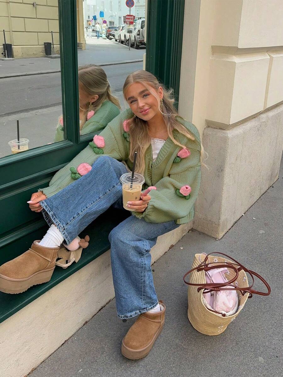 Senya 女士 V 领长袖手工钩织 3D 立体花卉单扣针织开衫，宽松休闲简约，适合日常穿着、浪漫约会、假期、毕业典礼、返校季、情人节等场合。 - 綠色 - 查看 1