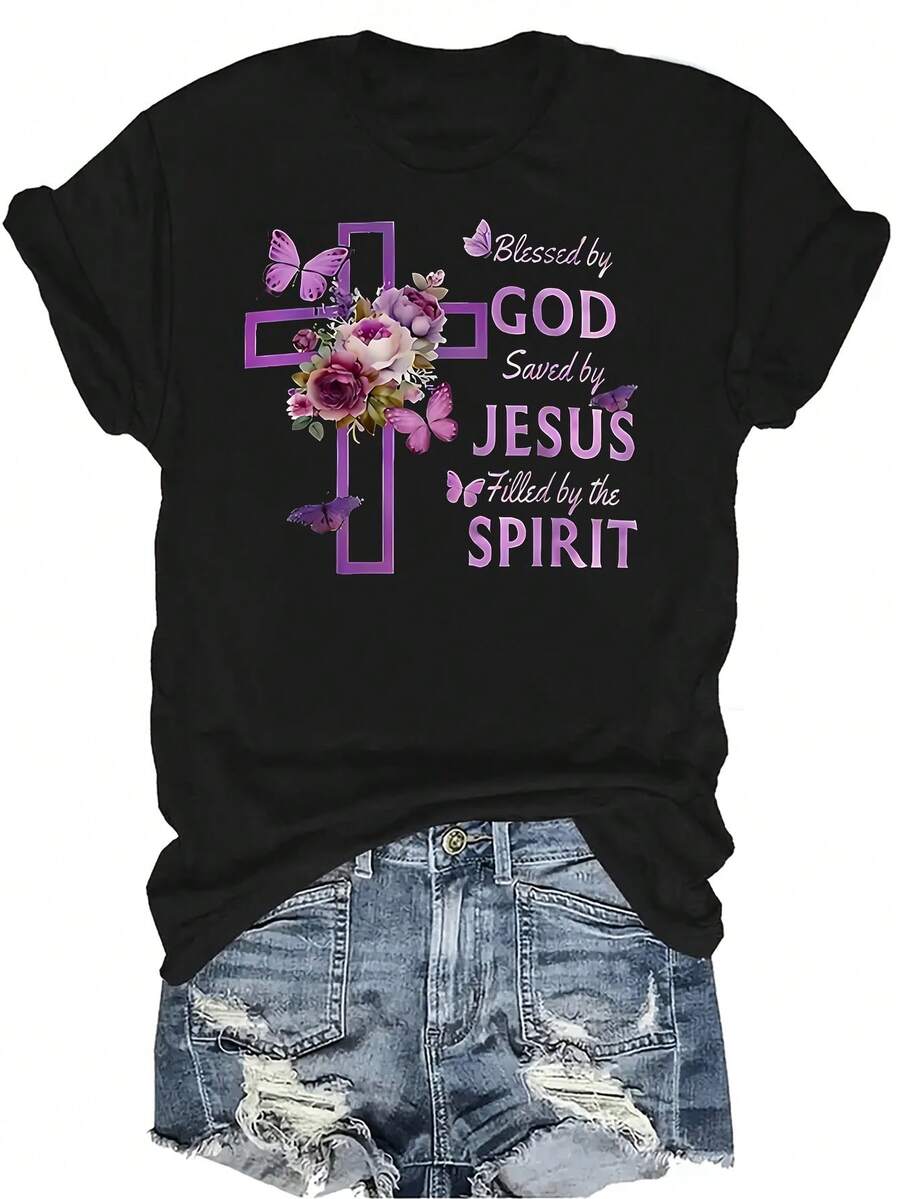 Camiseta con estampado de cruz y letra, unisex, de verano, casual, transpirable, con personalidad, cuello redondo, manga corta, ropa de calle, versátil, adecuada para adolescentes y adultos - Negro - Ver 1