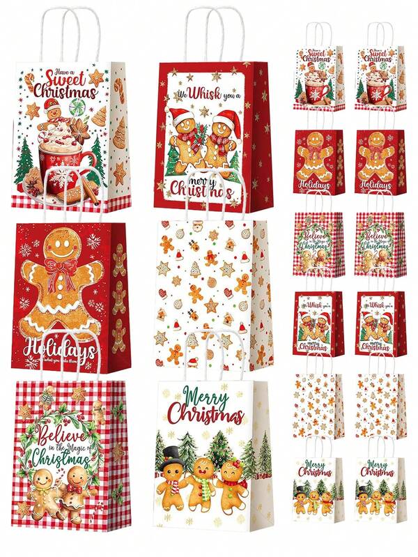 12 unidades de sacos de lembrancinhas de festa de gengibre de Natal, sacos de papel para presente de Natal com alças, saco de doces de café com gengibre para árvore de Natal, decorações de festa de Natal, suprimentos para aniversário e feriados